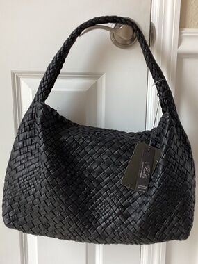 Falor Italy Handmade Black Woven Leather Large Shoulder Hobo Bag Magnetic Close
